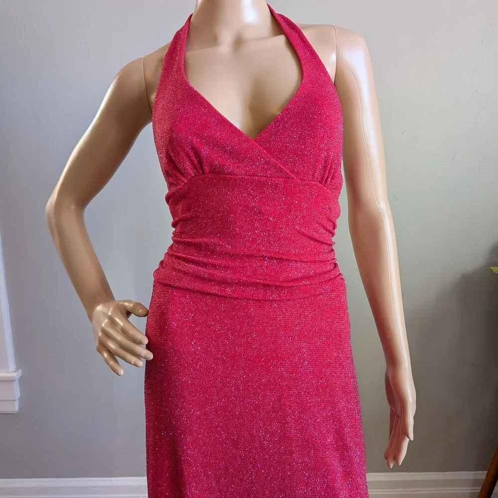 Vintage Y2K Be Smart Red/Pink Glitter Prom Gown Evening Halter Siren Size 13/14